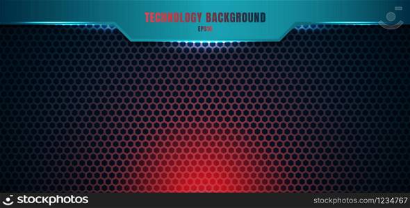 Template blue geometric header on hexagon pattern red lighting background and texture with space for your text. Technology futuristic concept. Vector illustration