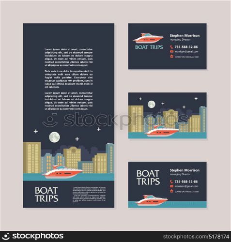 Template business cards and flyers. Yacht on the background of night city landscape. Vector illustration in flat style.
