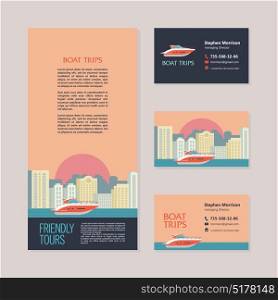 Template business cards and flyers. Yacht on the background of the urban landscape. Vector illustration in flat style.