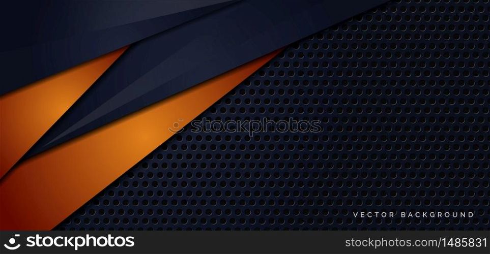 Template corporate banner of blue and orange triangle on dark blue metallic texture background. Vector illustration
