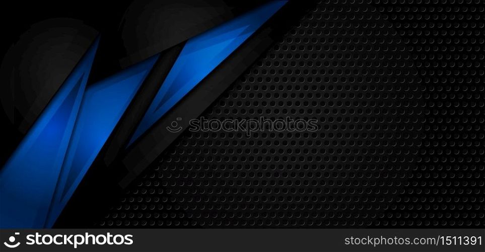 Template corporate banner of dark blue and black glossy stripes on metal black background. Vector illustration