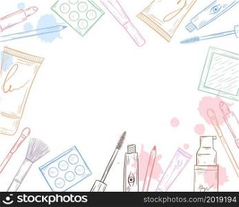Template cosmetics doodle style. Make-up background, outline female decorative cosmetics, vector illustration. Frame template for design, handmade sketch.. Template cosmetics doodle style.