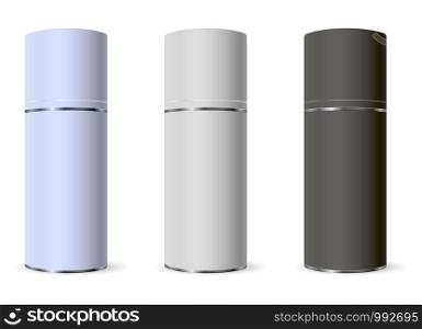 Template design cosmetics product mat metal spray bottles. Mockup for ads, advertising, branding, print, cover. Fashion 3d vector illustration.. Cosmetics product mat metal spray bottles. Mockup