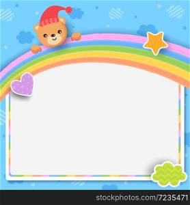 Template design for kids with bear and rainbow on sky background and white space