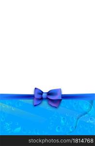template, festive background with blue silk bow and ribbons in nautical style with water elements. Gift layout for a postcard. Vector