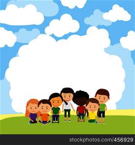 Template for advertising with cute kids characters near sky. Vector illustration. Cute kids advertising template