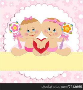 Template for baby&rsquo;s ostcard with twins girls