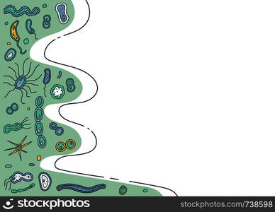 Template for banner with different microarganisms cells. Set of bacterias shape. Vector doodle style composition.