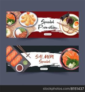 Template for banners. Creative sushi set pictures with watercolor graphic illustration.