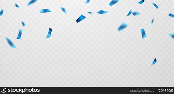 Template for celebration background with confetti and blue ribbon.