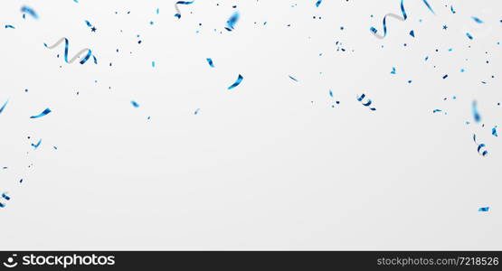 Template for celebration background with confetti and blue ribbon.