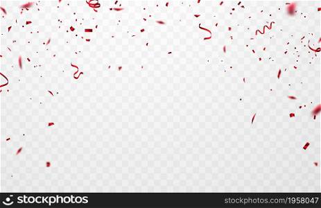 Template for celebration background with confetti and red ribbon.