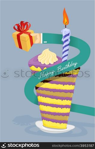 Template for Happy birthday card . Happy birthday card. Hand gives you a gift. Long arm around the cake. High big cake, lots of layers.