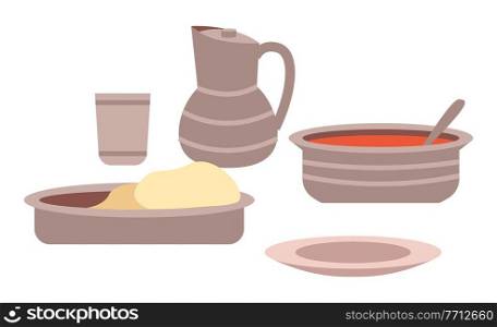 Template for indian cafe or restaurant. Indian cuisine dishes flat vector illustration. Demonstration of serving baked buns with tomato soup. Iron dishes with food isolated on white background. Indian cuisine dishes vector illustration. Local food emblem. Buns with tomato soup on plates