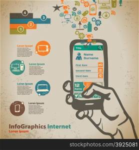 Template for infographic with hand with smartphone in vintage style