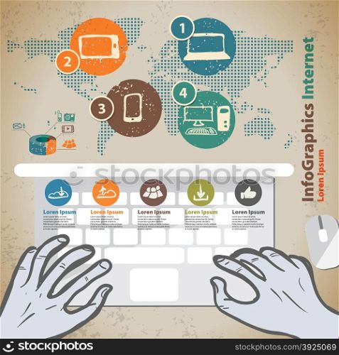 Template for infographic with hands with laptop in vintage style