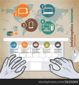 Template for infographic with hands with laptop in vintage style