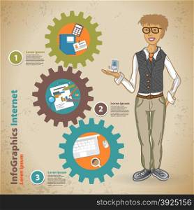 Template for infographic with symbol of the business process with geek in vintage style