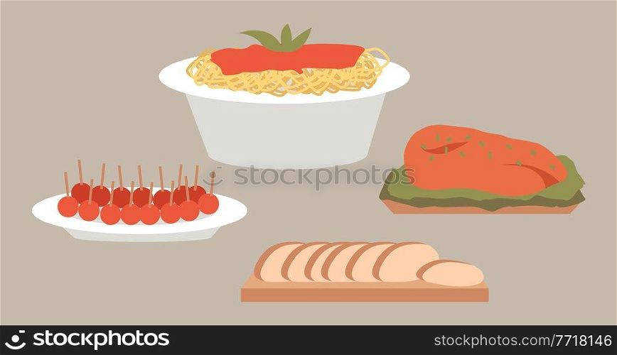 Template for italian cafe or restaurant. Italian cuisine dishes flat vector illustration. Demonstration of serving meat steak and bread. Large plate with pasta isolated on the grey background. Italian cuisine dishes vector illustration. Local food emblem. Pasta, bread and meat steak on plates