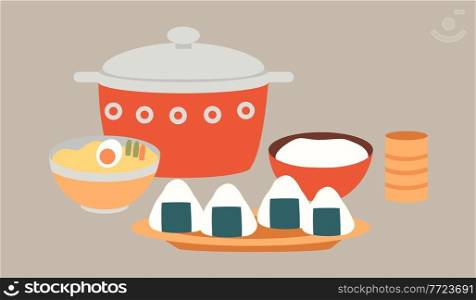 Template for japanese cafe or restaurant. Oriental cuisine dishes flat vector illustration. Demonstration of serving onigiri with nori and rice. Deep bowl of ramen soup isolated on white background. Oriental cuisine dishes vector illustration. Local food emblem. Onigiri and rice on plates