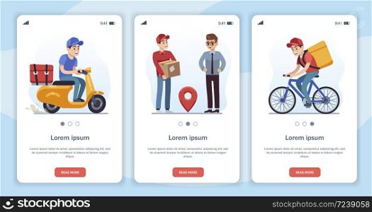 Template for mobile app page with delivery theme. Flat cartoon vector characters fast courier, moped driver, cyclist rides on road. Template for mobile app page with delivery theme. Flat cartoon characters fast courier, moped driver