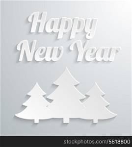 Template for New Year and Christmas greeting cards with white paper Christmas tree on white background
