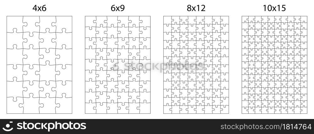 template for puzzle pieces of different difficulty levels for overlaying an image. Children educational games. Black and white vector