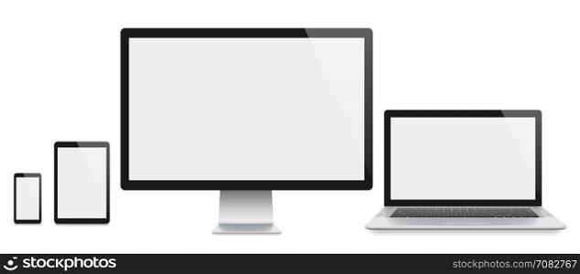 Template for responsive web design, computer, laptop, tablet and smartphone on white background.