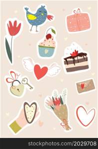 Template for Sticker kit, Greeting, Congratulations, Invitations, Planners. Valentines Day set with love elements, heart, flowers and etc.Vector illustration