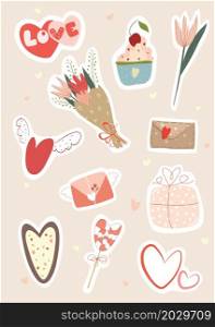 Template for Sticker kit, Greeting, Congratulations, Invitations, Planners. Valentines Day set with love elements, heart, flowers and etc.Vector illustration