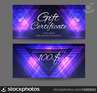 Template gift certificate for yoga studio, spa center, massage parlor, beauty salon. Vector neon geometric pattern. Template gift certificate for yoga studio, spa center, massage p