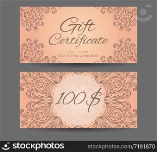 Template gift certificate for yoga studio, spa center, massage parlor, beauty salon. Abstract pattern mandala. Template gift certificate for yoga studio, spa center, massage p