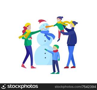 template greeting card winter Holidays. Merry Christmas and Happy New Year Website. People Characters family makes family snowman. template greeting card winter Holidays. Merry Christmas and Happy New Year Website. Characters family makes family snowman