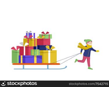 template greeting card winter Holidays. Merry Christmas and Happy New Year Website. Character little girl to drag sleigh with a lot of gifts. Christmas and Happy New Year Website. Character little girl to drag sleigh with a lot of gifts in park on snowy landscape