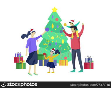 template greeting card winter Holidays. Merry Christmas and Happy New Year Website. People Characters family with present decorating Christmas tree isolated on background. greeting card winter Holidays. Merry Christmas and Happy New Year Website. People Characters family with present decorating Christmas tree on background of interior