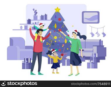 template greeting card winter Holidays. Merry Christmas and Happy New Year Website. People Characters family with present decorating Christmas tree on background of interior living room. greeting card winter Holidays. Merry Christmas and Happy New Year Website. People Characters family with present decorating Christmas tree on background of interior