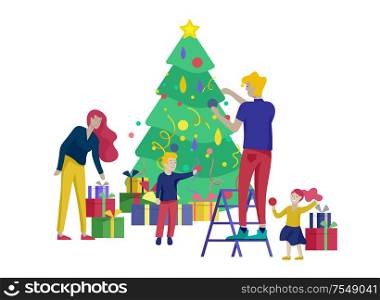template greeting card winter Holidays. Merry Christmas and Happy New Year Website. People Characters family with present decorating Christmas tree isolated on background. greeting card winter Holidays. Merry Christmas and Happy New Year Website. People Characters family with present decorating Christmas tree on background of interior