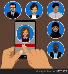 Template - hand holding a phone with the incoming call on the screen. Faces of people of different nationalities. Vector. hand holding a phone with the incoming call on the screen. Faces