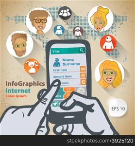 Template infographic with two hands and a smartphone Flat Design Illustration for Web Social Network