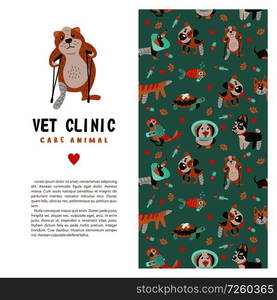 Template leaflets, banners, promotional products veterinary clinic. Seamless pattern on green background with lots of cute Pets. Clinic logo template with poor sick little hamster with a broken leg.. Veterinary care. Vector template flyer veterinary clinic.