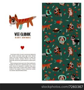 Template leaflets, banners, promotional products veterinary clinic. Seamless pattern on green background with lots of cute Pets. Clinic logo template with poor cute kitten with a sick paw. Veterinary care. Vector template flyer veterinary clinic.