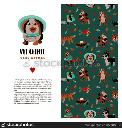 Template leaflets, banners, promotional products veterinary clinic. Seamless pattern on green background with lots of cute Pets. Clinic logo template with a cute rabbit in a veterinary collar.. Veterinary care. Vector template flyer veterinary clinic.