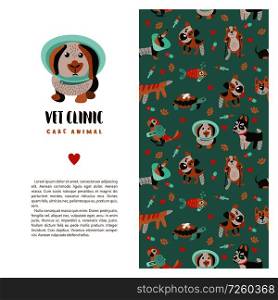 Template leaflets, banners, promotional products veterinary clinic. Seamless pattern on green background with lots of cute Pets. Clinic logo template with a cute rabbit in a veterinary collar.. Veterinary care. Vector template flyer veterinary clinic.