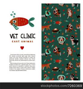 Template leaflets, banners, promotional products veterinary clinic. Seamless pattern on green background with lots of cute Pets. Clinic logo template with poor cute aquarium fish with a thermometer.. Veterinary care. Vector template flyer veterinary clinic.