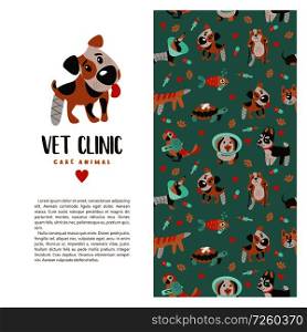 Template leaflets, banners, promotional products veterinary clinic. Seamless pattern on green background with lots of cute Pets. Clinic logo template with cute Jack Russell Terrier dog.. Veterinary care. Vector template flyer veterinary clinic.