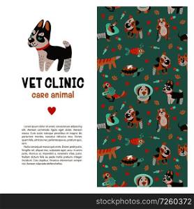 Template leaflets, banners, promotional products veterinary clinic. Seamless pattern on green background with lots of cute Pets. Clinic logo template with cute Husky dog.. Veterinary care. Vector template flyer veterinary clinic.