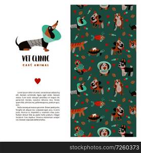 Template leaflets, banners, promotional products veterinary clinic. Seamless pattern on green background with lots of cute Pets. Clinic logo template with cute Dachshund dog.. Veterinary care. Vector template flyer veterinary clinic.