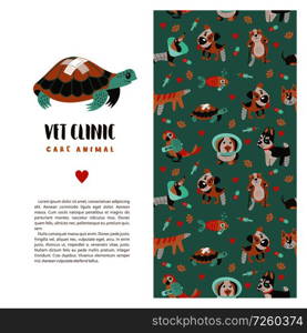 Template leaflets, banners, promotional products veterinary clinic. Seamless pattern on green background with lots of cute Pets. Clinic logo template with a funny turtle with a band aid on its she. Veterinary care. Vector template flyer veterinary clinic.