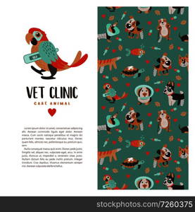 Template leaflets, banners, promotional products veterinary clinic. Seamless pattern on green background with lots of cute Pets. Clinic logo template with a cute colorful parrot with a thermometer under its wing.. Veterinary care. Vector template flyer veterinary clinic.