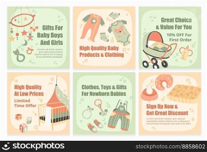 Template network web page set for baby shop ad. Child clothing, gifts, toys sale at social media post collection, vector illustration. Special offer, discount for kid store purchase. Template network web page set for baby shop ad